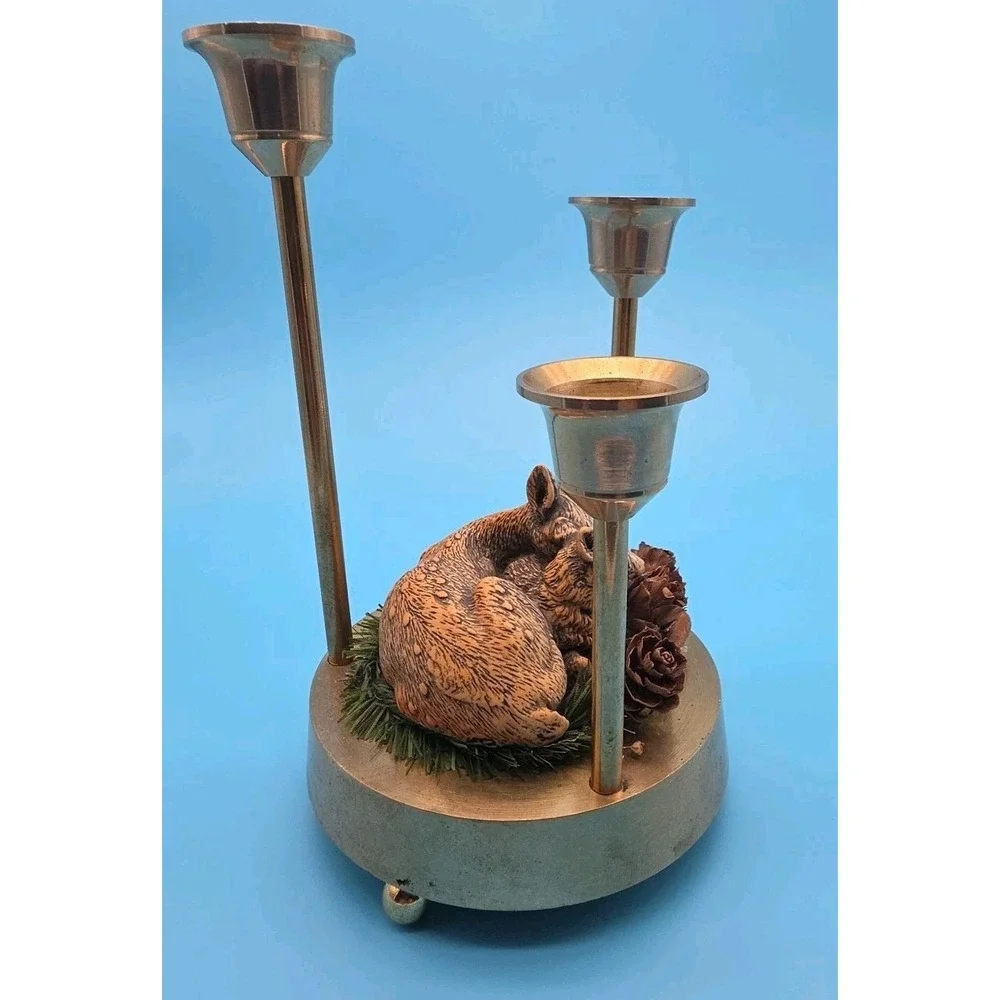 Brass Graduated Candle Holder With‎ Ceramic Deer 3 Candle